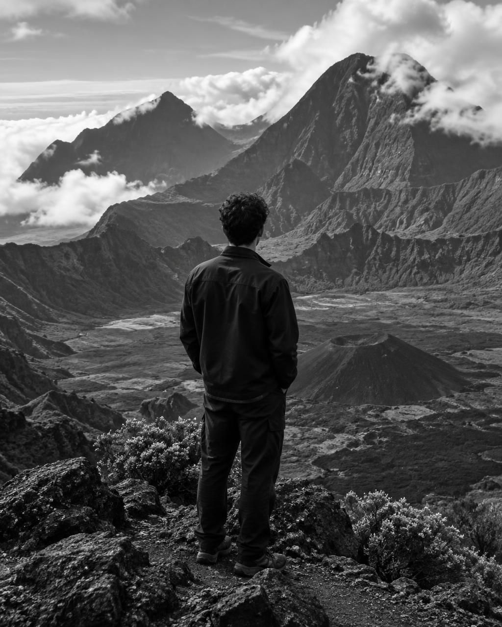 Simon face aux montagnes de La Réunion